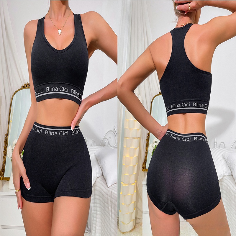 Womens Letter Print 2 Piece Scoop Neck Bra and Mid Rise Boyshort Lingerie Set